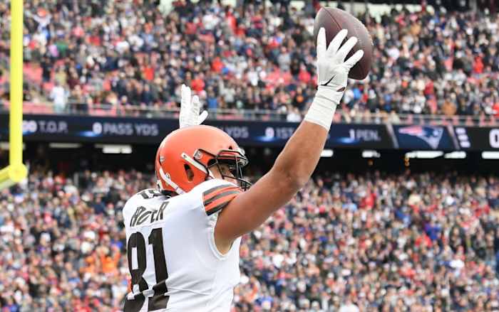 Cleveland Browns tight end Austin Hooper (81) reacts after scoring a touchdown against the New England Patriots during the first half at Gillette Stadium.